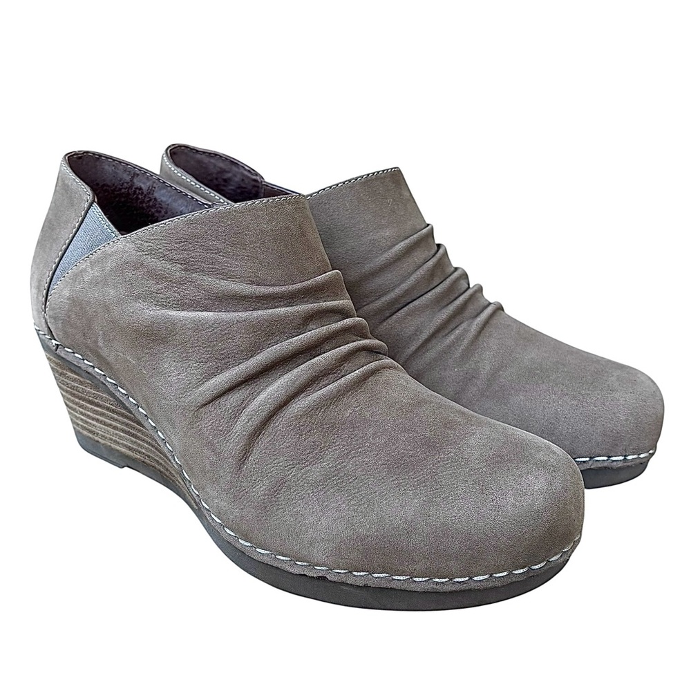 DANSKO “Sheena” Sand Nubuck Wedge Booties